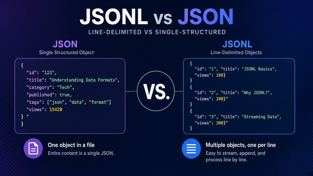 JSONL vs JSON guide: newline-delimited records compared with a standard JSON array and conversion to JSON online