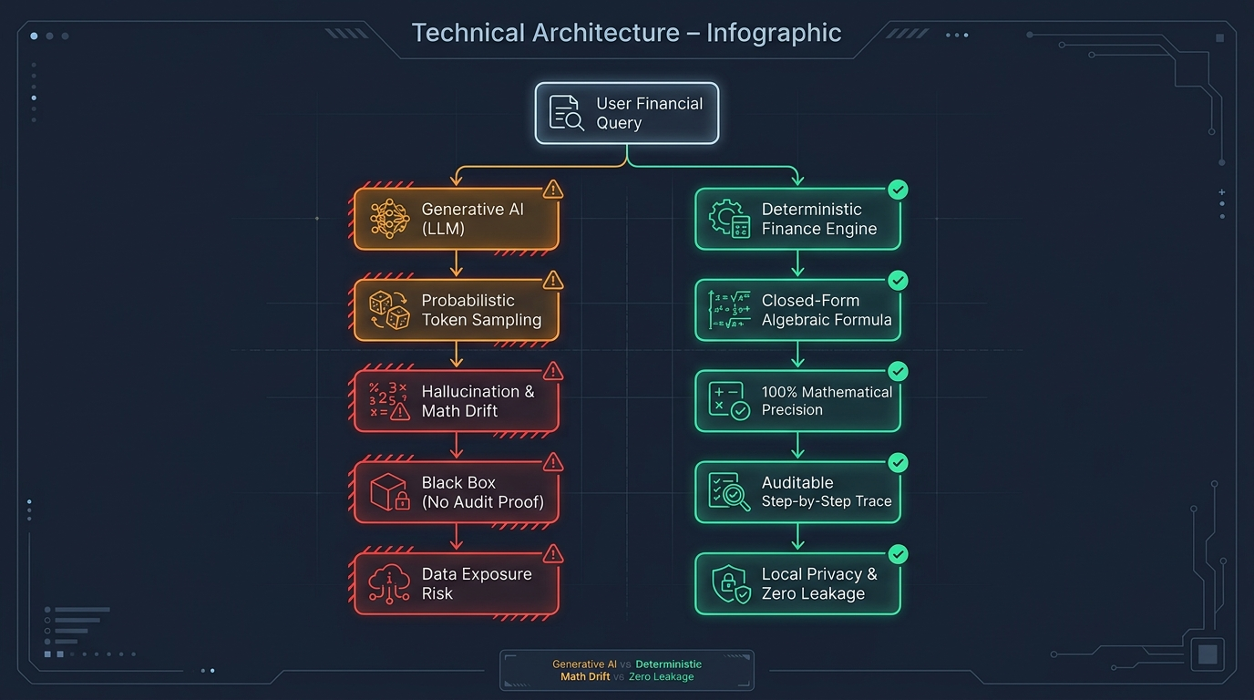 Architecture diagram comparing Generative AI workflow versus Deterministic Financial Engine workflow